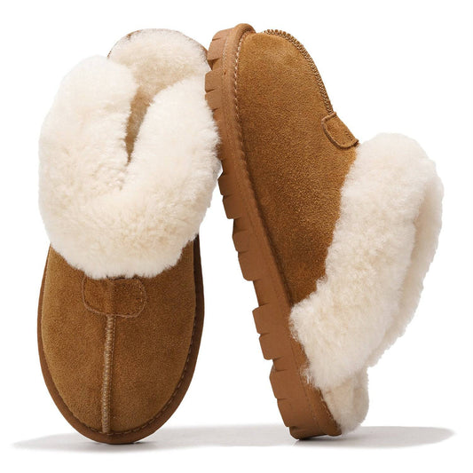Women's | 100% Genuine Leather & Natural Fur Lining Fuzzy Slippers | Memory Foam | Non-Slip - Hedy